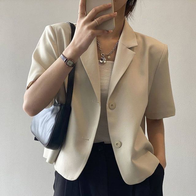 INEN-Short-Sleeve Plain Button-Up Blazer