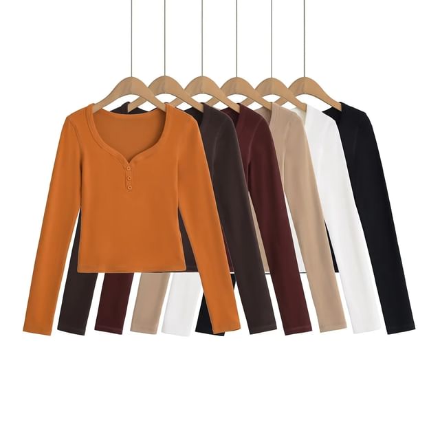 Asiris-Long Sleeve V-Neck Plain Button Up Crop Top