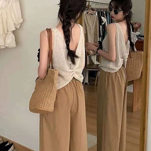 GOUB-V-Neck Plain Open Back Knit Crop Tank Top