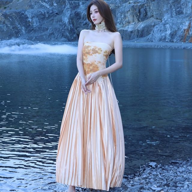 Strapless Tie Dye Pleated Maxi Sun Dress