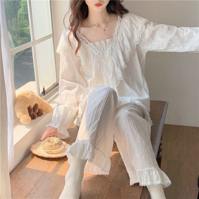 Ukiyo Pajama Set Puff Sleeve Plain Lace Ruffled Blouse Pants