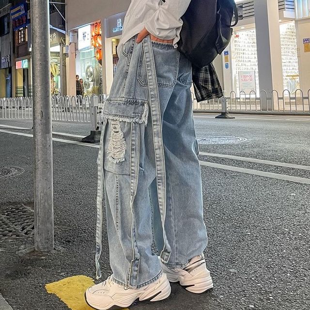 Shineon Studio - Cargo Distressed Straight Leg Jeans | YesStyle
