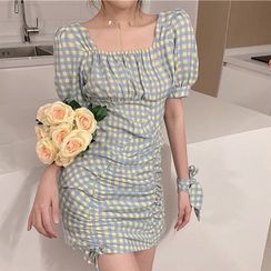 Amanee - Short-Sleeve Check Drawstring Mini Bodycon Dress