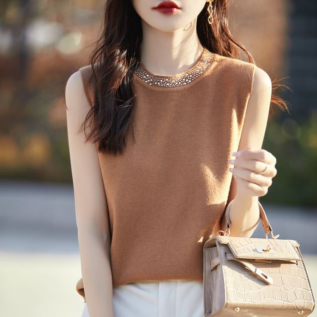 Weelop-Crew Neck Plain Rhinestone Accent Knit Tank Top