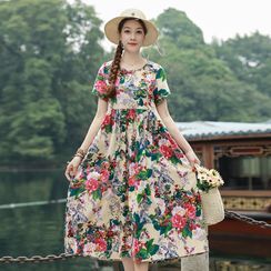 Love Lotus - Short-Sleeve Floral Print Midi A-Line Dress
