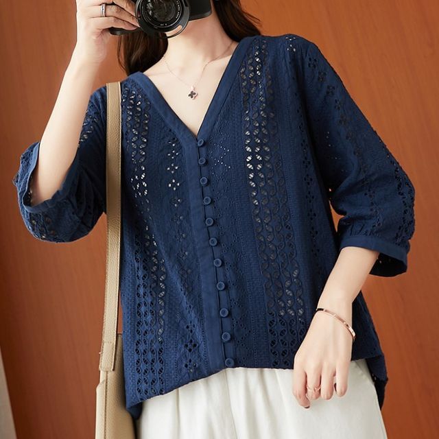 Taragon - Elbow-sleeve Plain Pointelle Button-up Blouse 