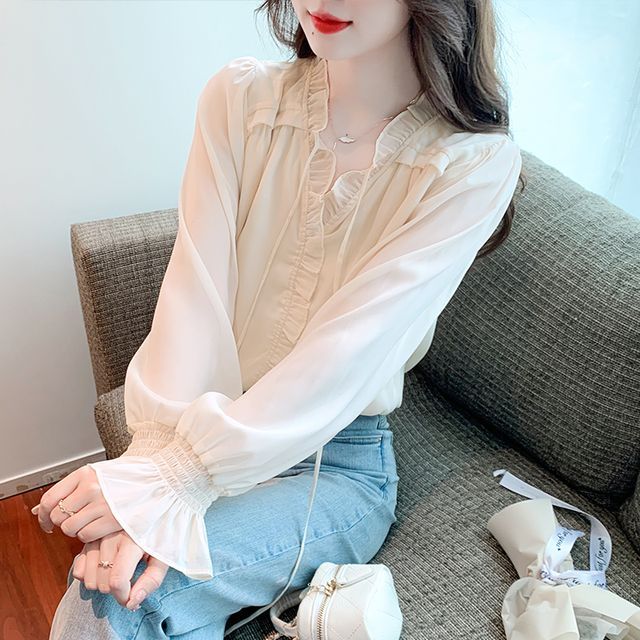 Dragan Pulse-V-Neck Ruffle Trim Blouse