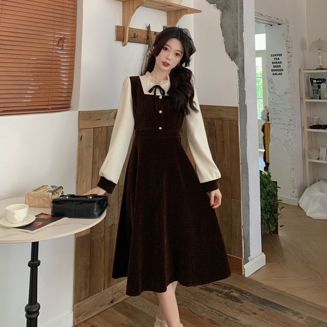Shiga - Long-Sleeve Collared Mock Two Piece Midi A-Line Dress | YesStyle Shiga - Long-Sleeve Collared Mock Two Piece Midi A-Line Dress | YesStyle