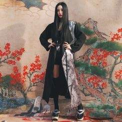Shizen - Long-Sleeve Print Panel Sashed Midi Dress