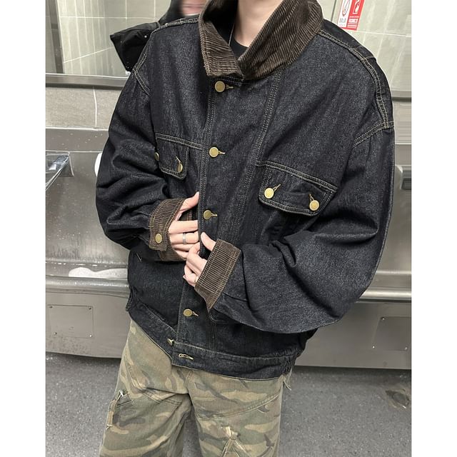 Plummie-Contrast Trim Pocket Front Denim Single-Breasted Jacket