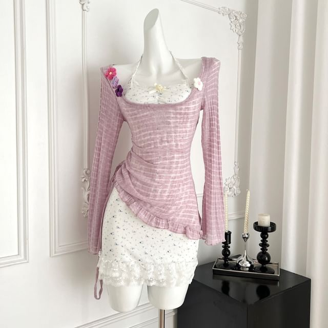 Lucuna-Set Long-Sleeve Scoop Neck Plaid Asymmetrical Drawstring Sheer Top Halter Neck Floral Print Lace Panel Mini Bodycon Dress