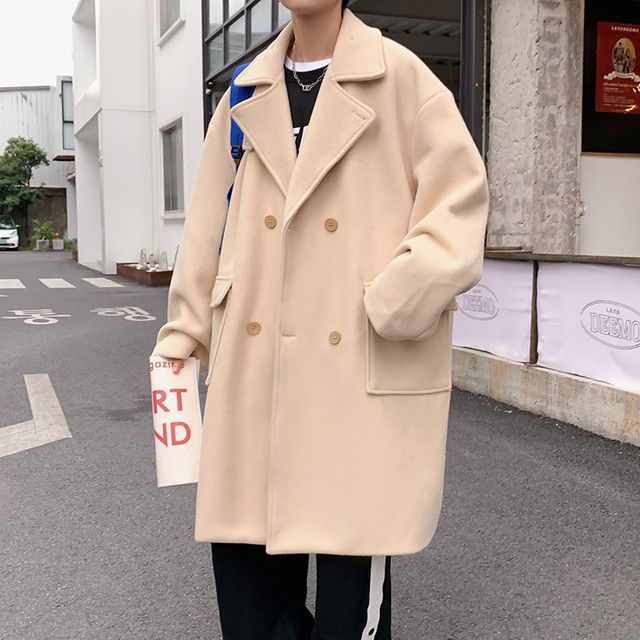 Andrei-Long-Sleeve Double-Breasted Plain Woolen Coat