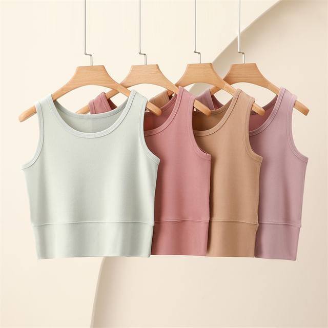KUMI-Crew Neck Plain Crop Tank Top