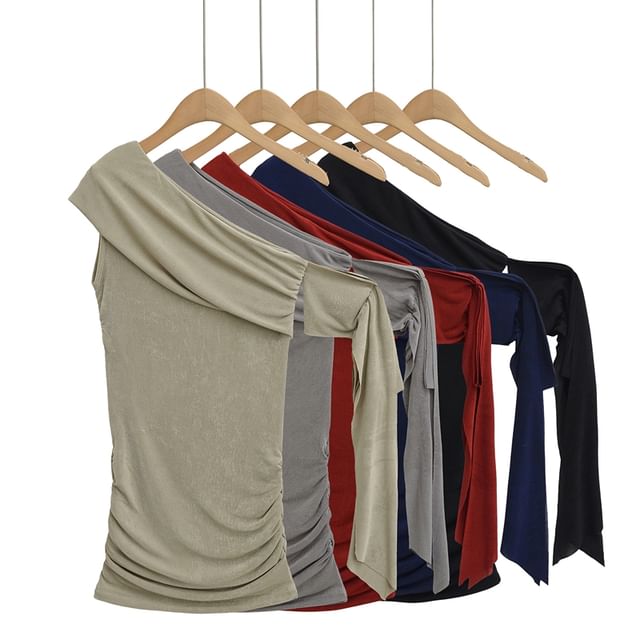 Ulark-One-Shoulder Plain Shirred Top