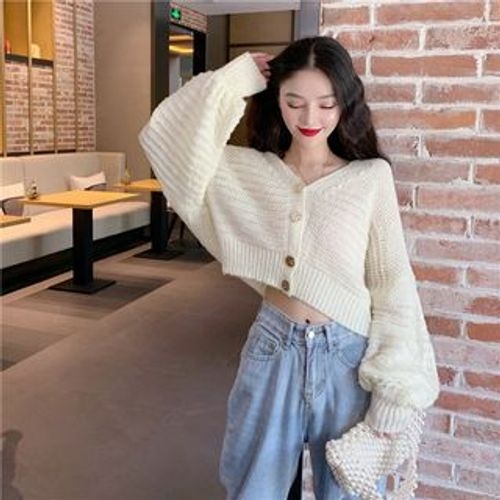 Tanee Lantern Sleeve Loose Fit Cropped Cardigan YesStyle