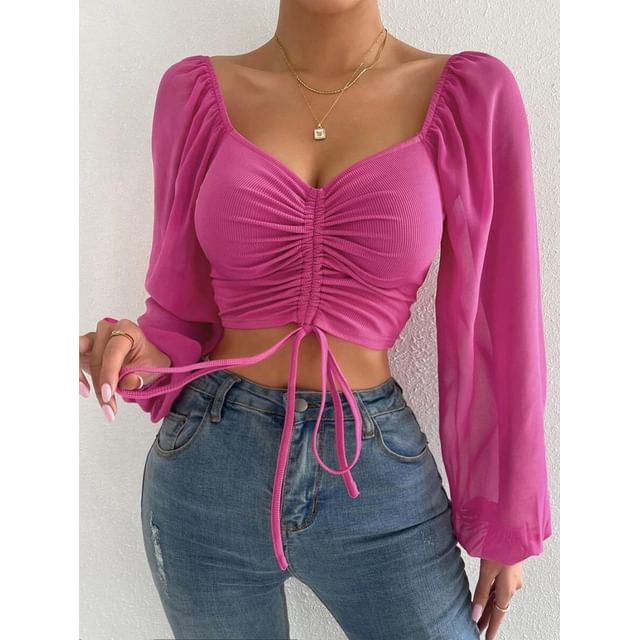 Muezz-Long Sleeve Square Neck Plain Ruched Drawstring Crop Top