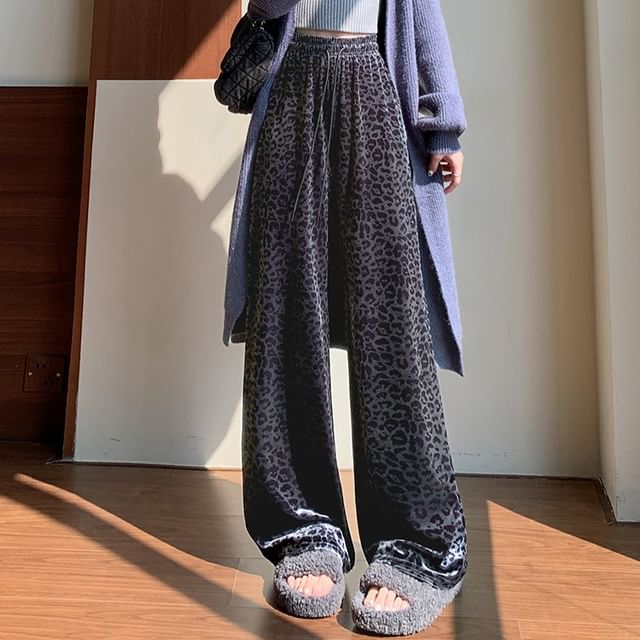 Magimomo-Drawstring Waist Leopard Print Wide Leg Pants