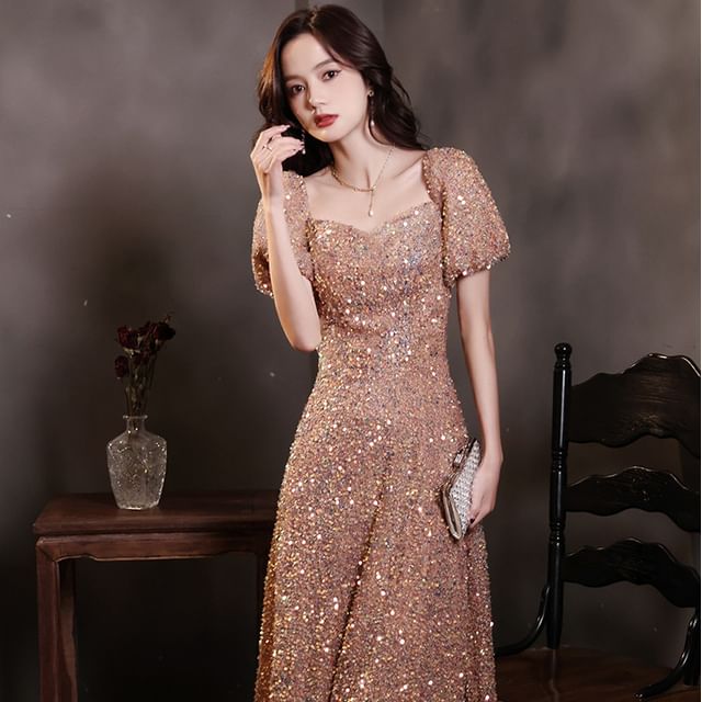 MSSBridal-Puff-Sleeve Sequin A-Line Evening Gown