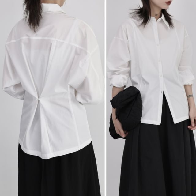 SIMPLE BLACK-Long Sleeve Collared Plain Shirt