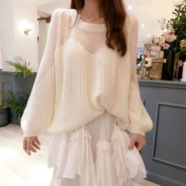 HYAKU-Crew Neck Plain Panel Sweater