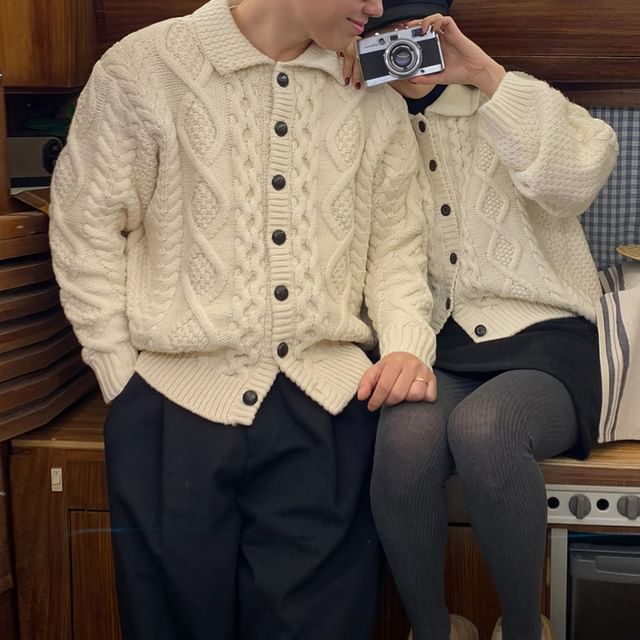 Okwano-Collar Plain Cable-Knit Cardigan