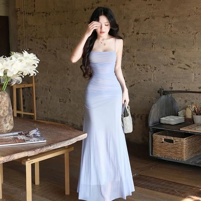 Bababy - Spaghetti Strap Plain Ruched Maxi Bodycon Dress | YesStyle Bababy - Spaghetti Strap Plain Ruched Maxi Bodycon Dress | YesStyle