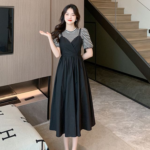 BEAUSY - Set : Puff-Sleeve Striped T-Shirt & Spaghetti-Strap Dress