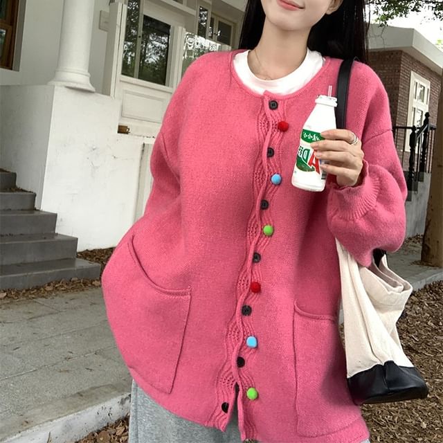 Shinsei-Crew Neck Pom Pom Button-Up Cardigan