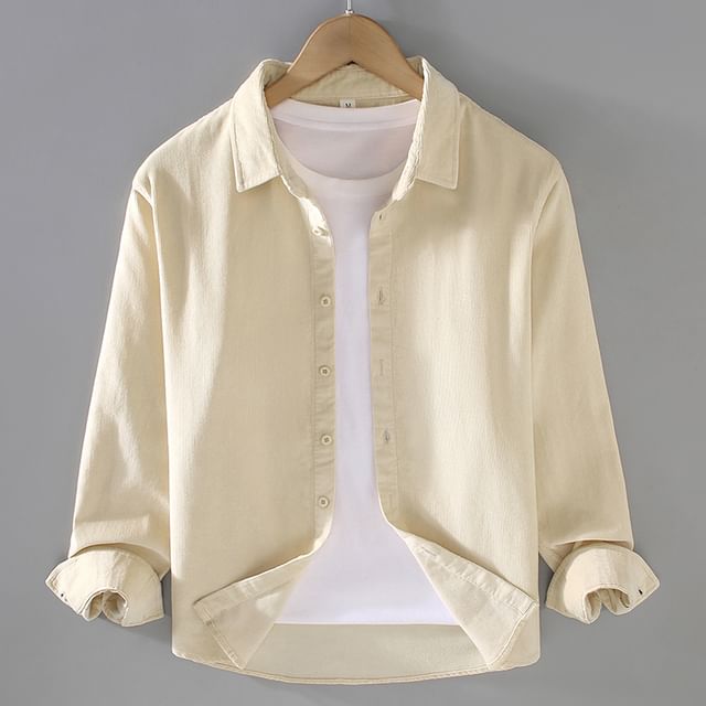 GRAYCIOUS-Long Sleeve Collared Plain Corduroy Shirt