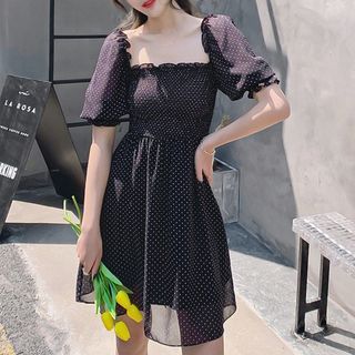 Rosehedge - Puff-Sleeve Dotted Shirred Mini A-Line Chiffon Dress | YesStyle