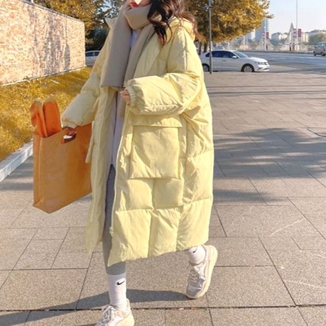 Yako-Plain Hood Midi Zip Puffer Coat