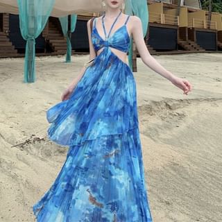Fioridi-Spaghetti Strap Tie Dye Cutout Maxi Sundress