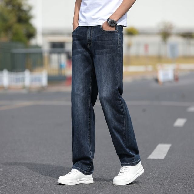 Denimic-Mid Rise Washed Straight Leg Jeans