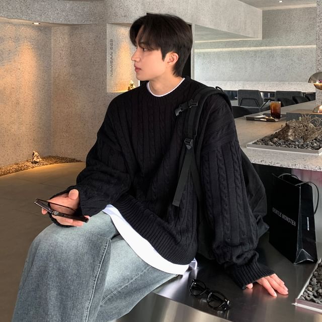 MRCYC-Maternity Crew Neck Plain Cable-Knit Sweater
