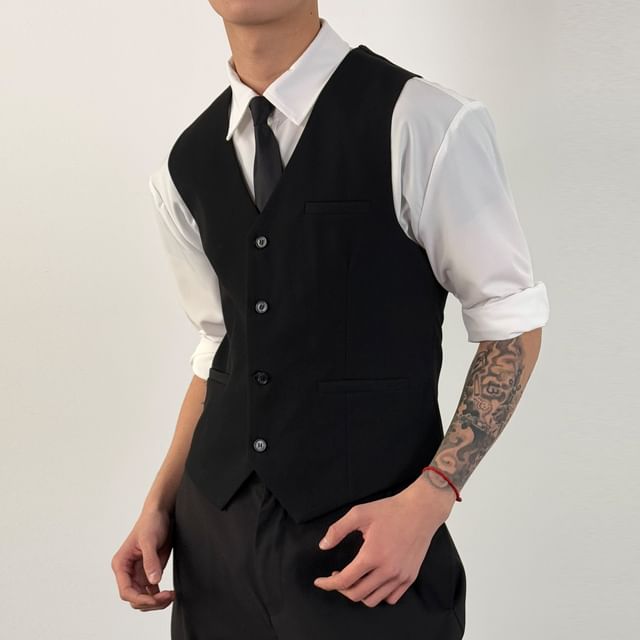 DragonRoad-V-Neck Single-Breasted Plain Vest