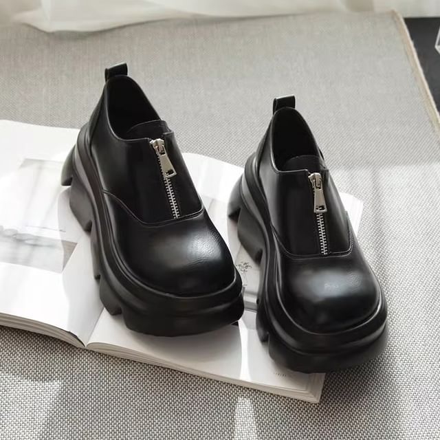 STEPUP-Platform Zip-Up Plain Faux Leather Shoes