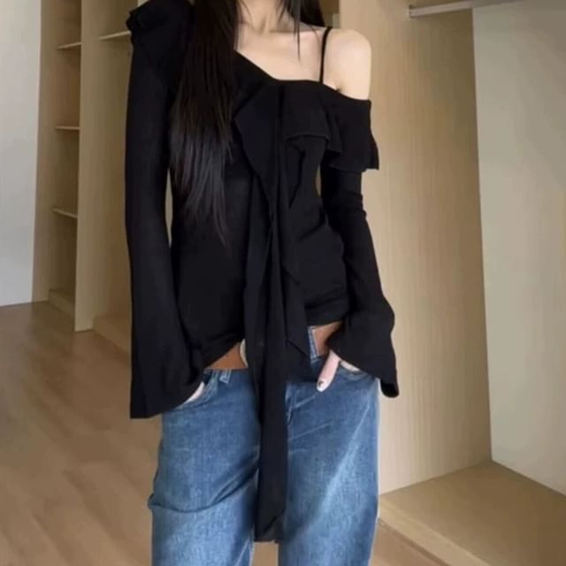 PERKARP-Flared-Sleeve Cold-Shoulder Plain Ruffle T-Shirt