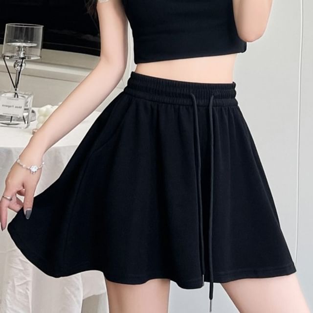 Porstina-Drawstring Waist Plain Mini A-Line Skirt