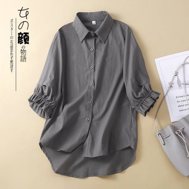 Lewwe-34-Sleeve Plain Frill Trim Shirt
