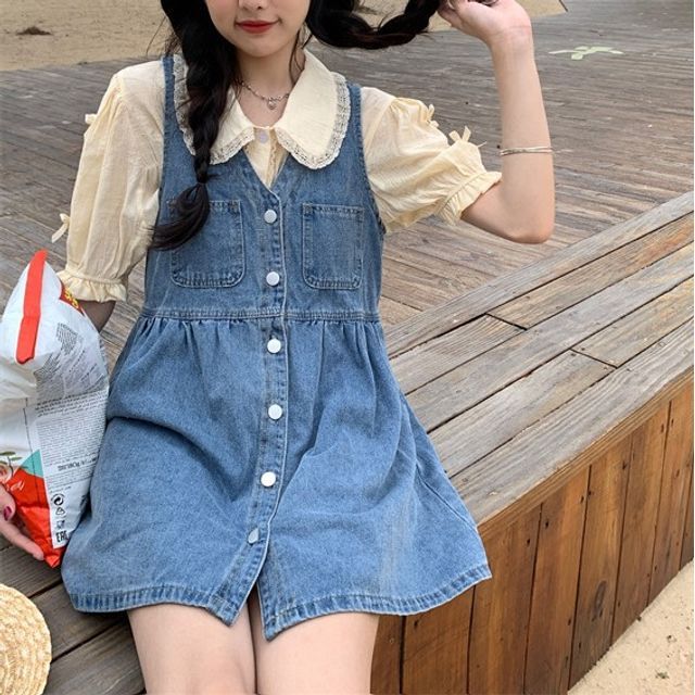 white christmas dresses Toast Side Button Denim Pinafore Dress Indigo main image 0