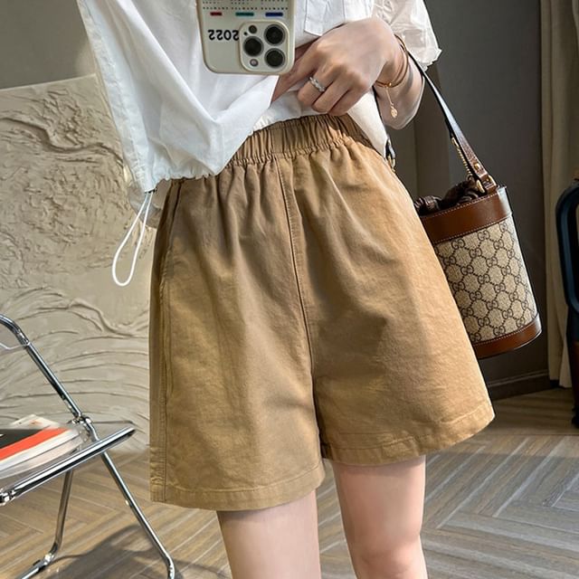 Yako-Elastic Waist Plain Shorts