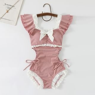 Floral Closet Cap-Sleeve Two Tone Bow Cutout Swimsuit Sale