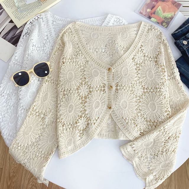 Iasia-V-Neck Plain Crochet Cardigan