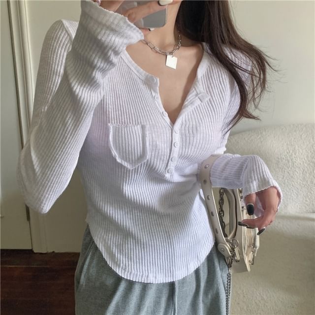 Striinkie-Long-Sleeve Plain Ribbed Henley Tee