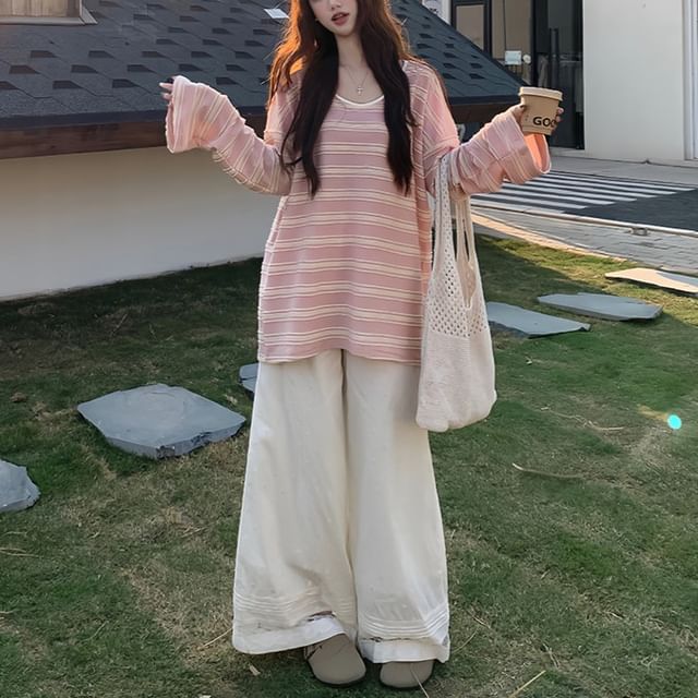 Trendycas-Camiseta oversize de manga larga con cuello redondo y estampado de rayas Pantalón de pernera ancha con paneles de encaje