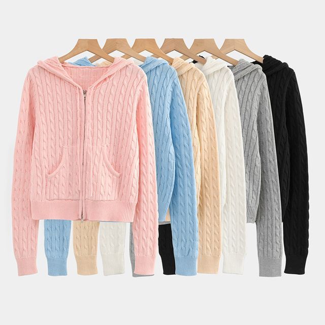 Ulark-Cable Knit Hooded Zip Knit Top