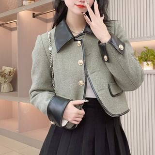 Woohan-Collared Two Tone Panel Faux Leather Button Jacket