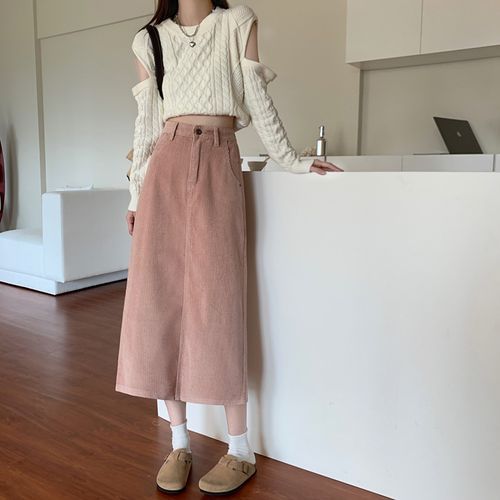RONIN - High Waist Plain Corduroy Midi A-Line Skirt | YesStyle