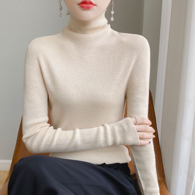 Weelop-Long Sleeve Turtleneck Plain Ribbed Knit Top