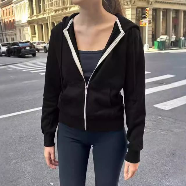 Rosesand-Long Sleeve Plain Loose-Fit Zip-Up Jacket